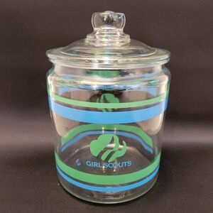 Girl Scouts Glass Blue Green Cookie Jar I Love Girl Scout Cookies Vintage